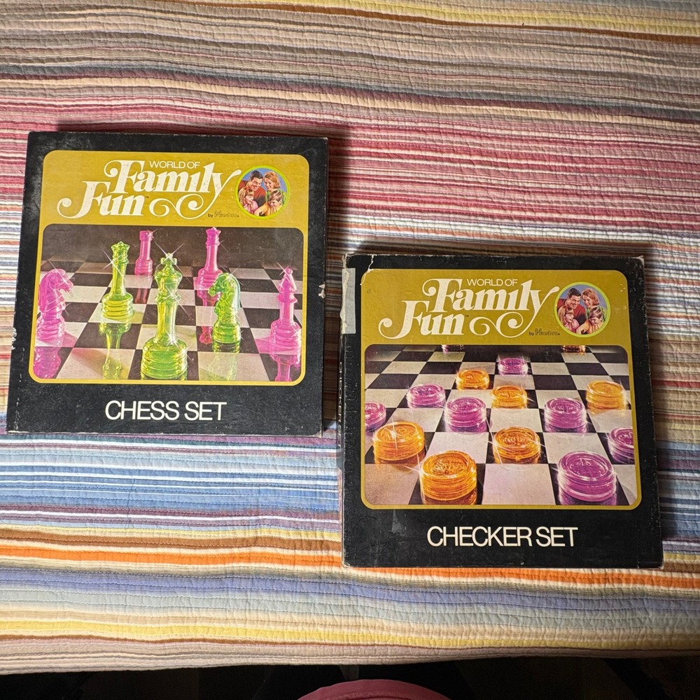 Vintage Hasbro World of Family Fun Chess and Checker Sets Neon Plastic Retro 70s